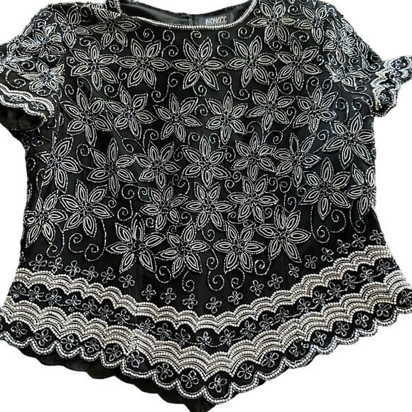 Adrianna Papell Silk Beaded Top L Black Evening Cocktail Scalloped Hem Formal - Picture 16 of 16
